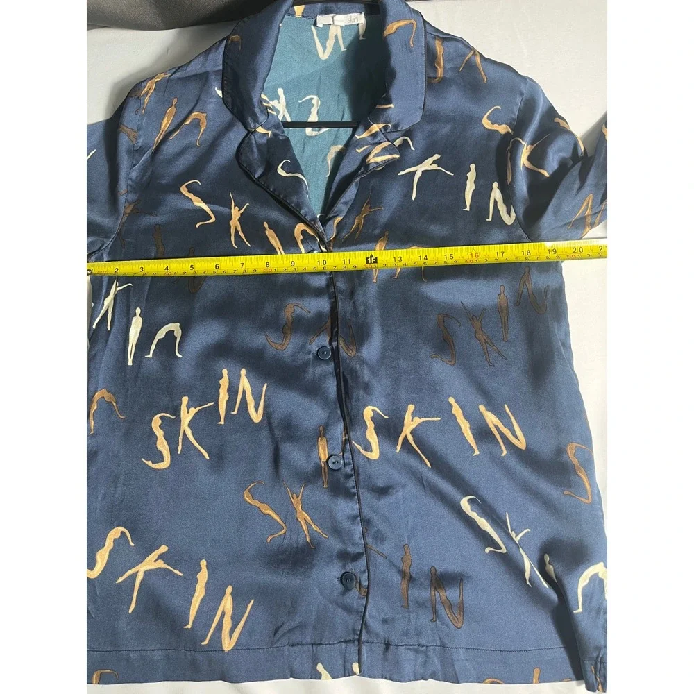 SKIN Silk Pajama Set Size 2 Medium Blue Printed Button Front Lounge Sleepwear‎